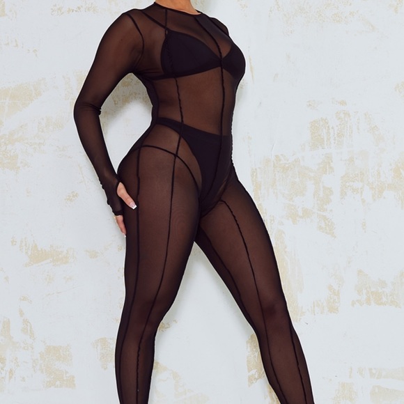 Black Mesh Seam Detail Jumpsuit - Picture 2 of 2
